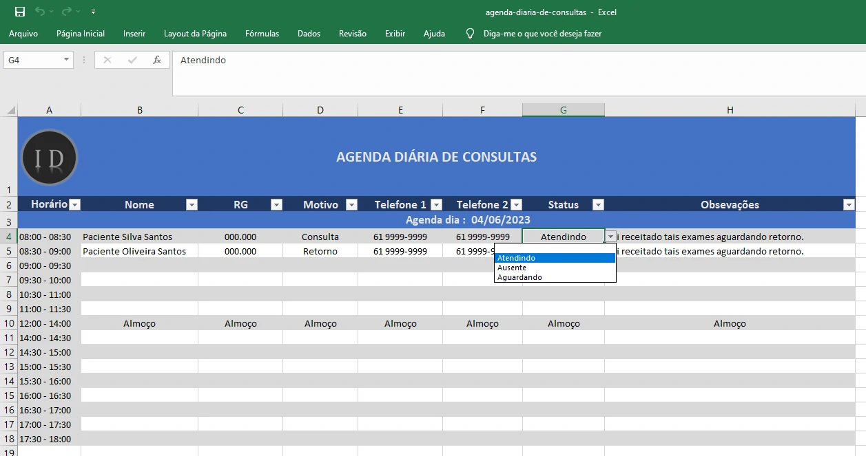 Planilha Agenda Diária de Consultas Médicas  Excel