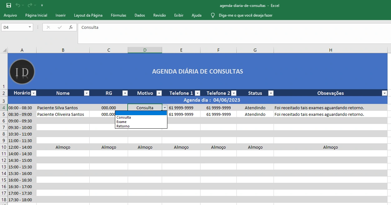Planilha Agenda Diária de Consultas Médicas  Excel
