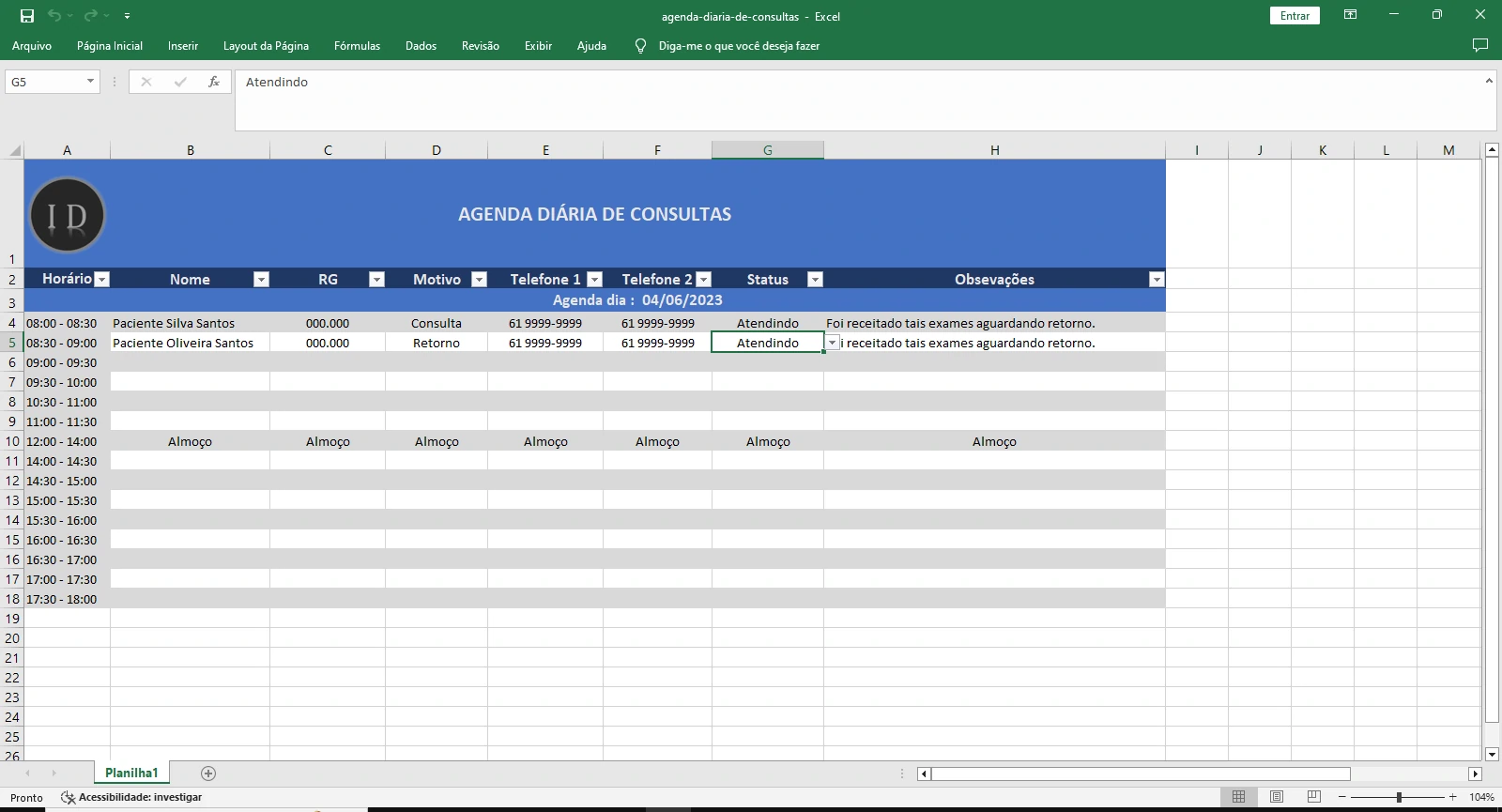 Planilha Agenda Diária de Consultas Médicas  Excel