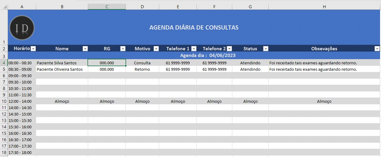 Planilha Agenda Diária de Consultas Médicas  Excel