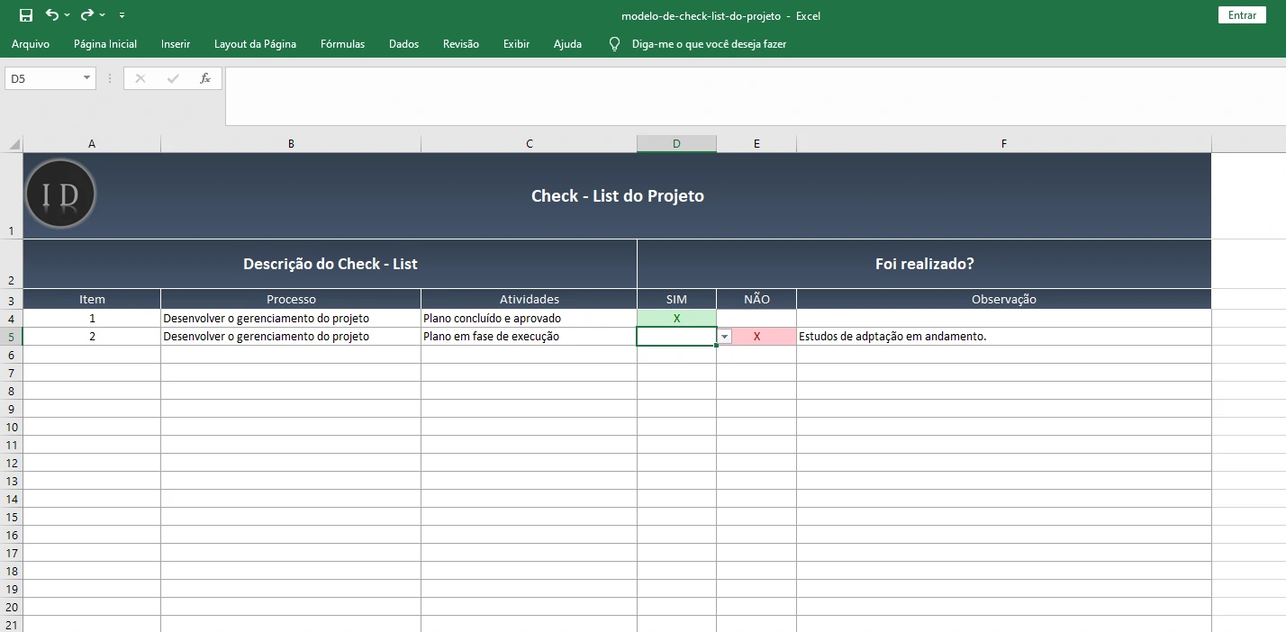 Planilha CheckList do Projeto  Controle Tarefas