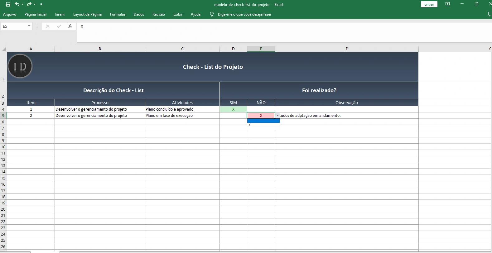 Planilha CheckList do Projeto  Controle Tarefas