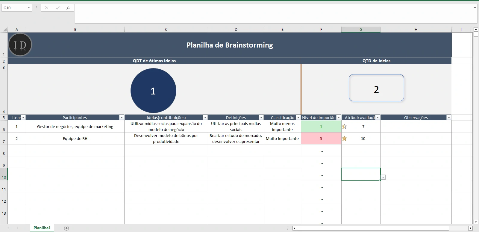 Planilha Brainstorming do Projeto  Registro de Ideias