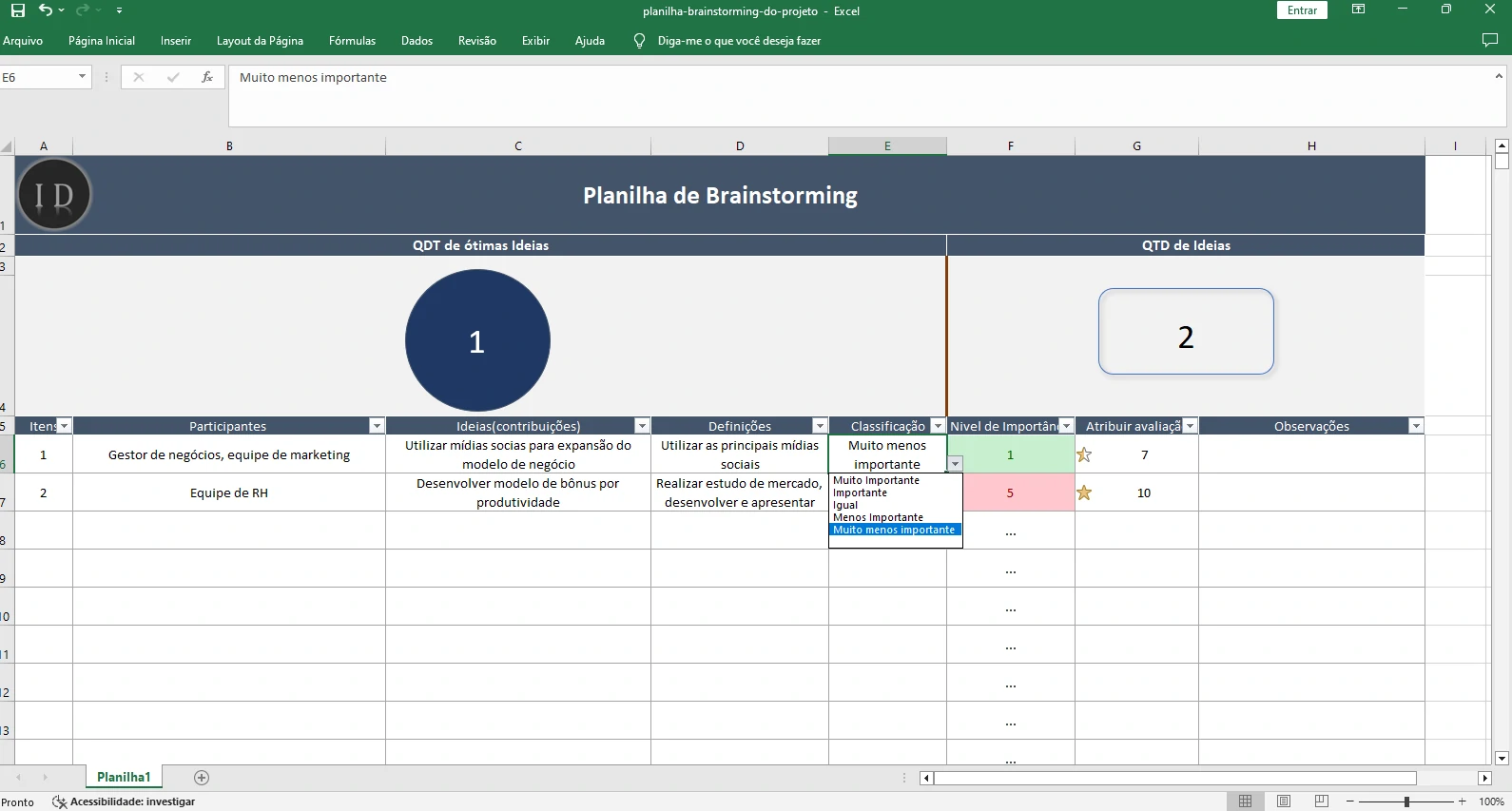 Planilha Brainstorming do Projeto  Registro de Ideias
