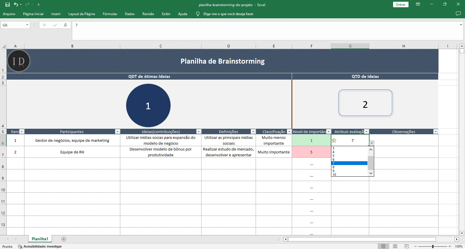 Planilha Brainstorming do Projeto  Registro de Ideias
