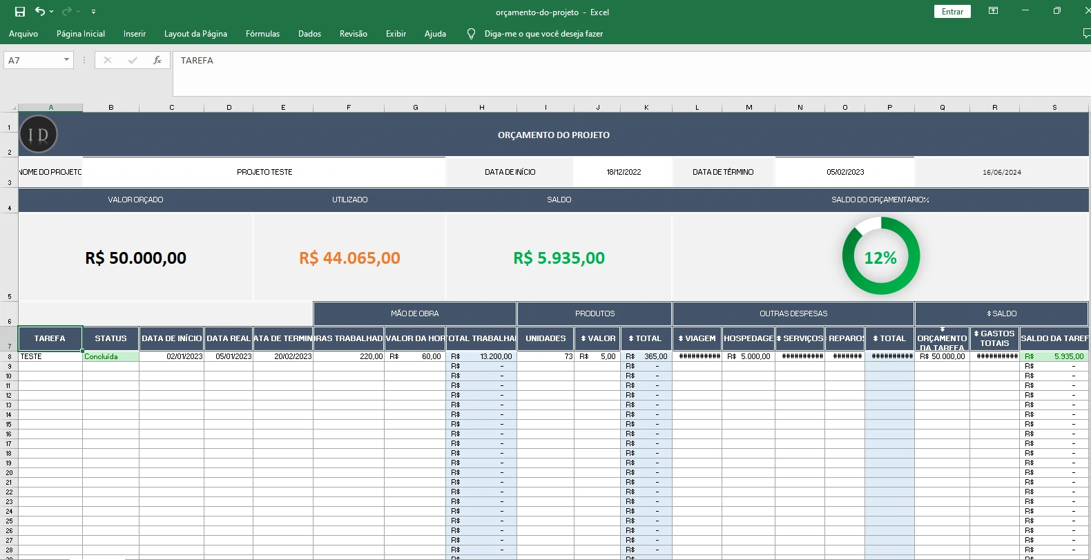Planilha Orçamento do Projeto  Fluxo de Gastos
