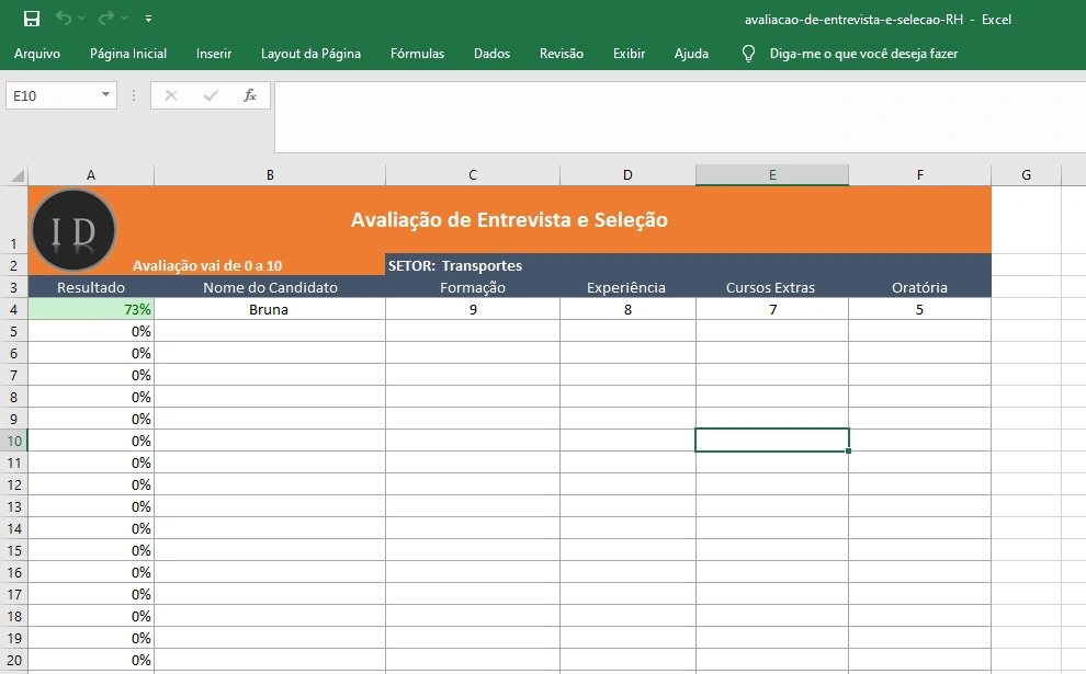Planilha Avaliação de Entrevista e Seleção  RH