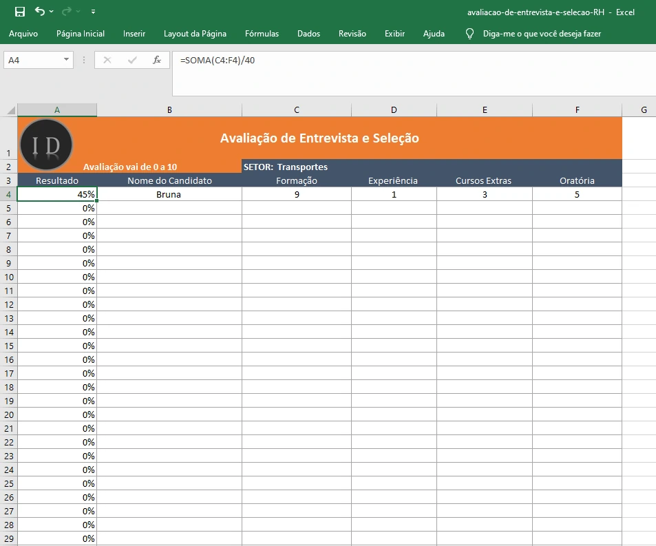 Planilha Avaliação de Entrevista e Seleção  RH