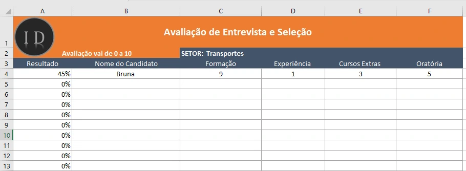 Planilha Avaliação de Entrevista e Seleção  RH