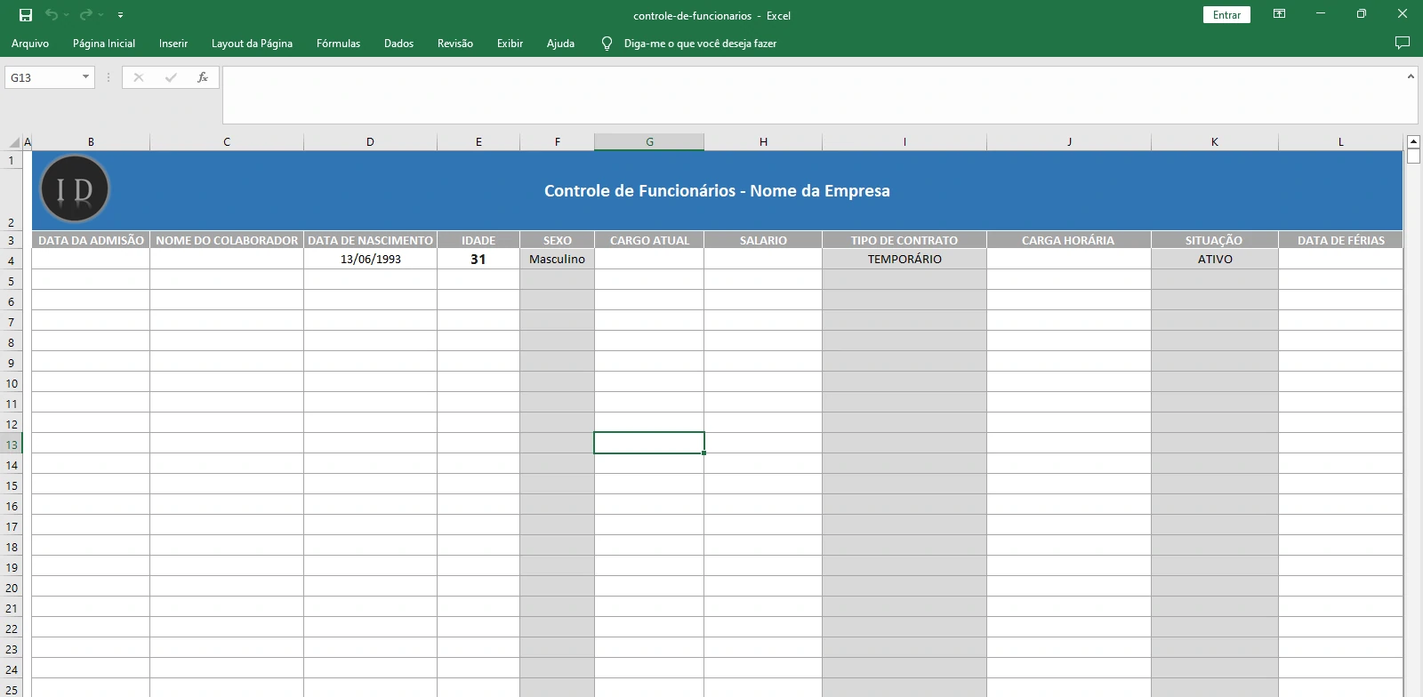 Planilha Controle de Funcionários  Base de Dados RH