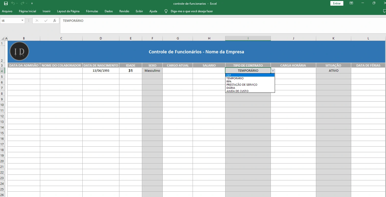 Planilha Controle de Funcionários  Base de Dados RH