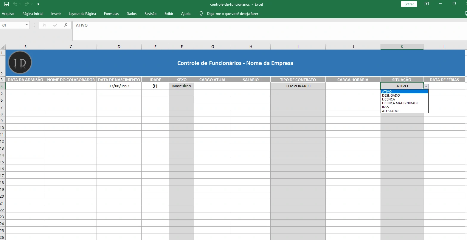Planilha Controle de Funcionários  Base de Dados RH