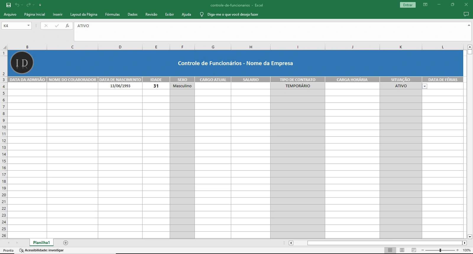 Planilha Controle de Funcionários  Base de Dados RH