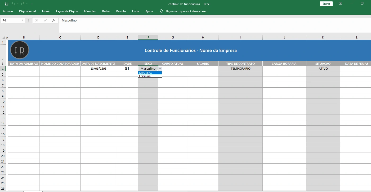 Planilha Controle de Funcionários  Base de Dados RH
