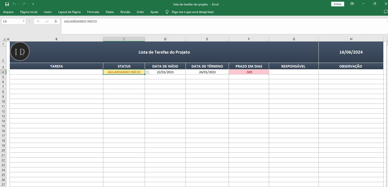 Planilha Lista de Tarefas do Projeto  Gerenciamento