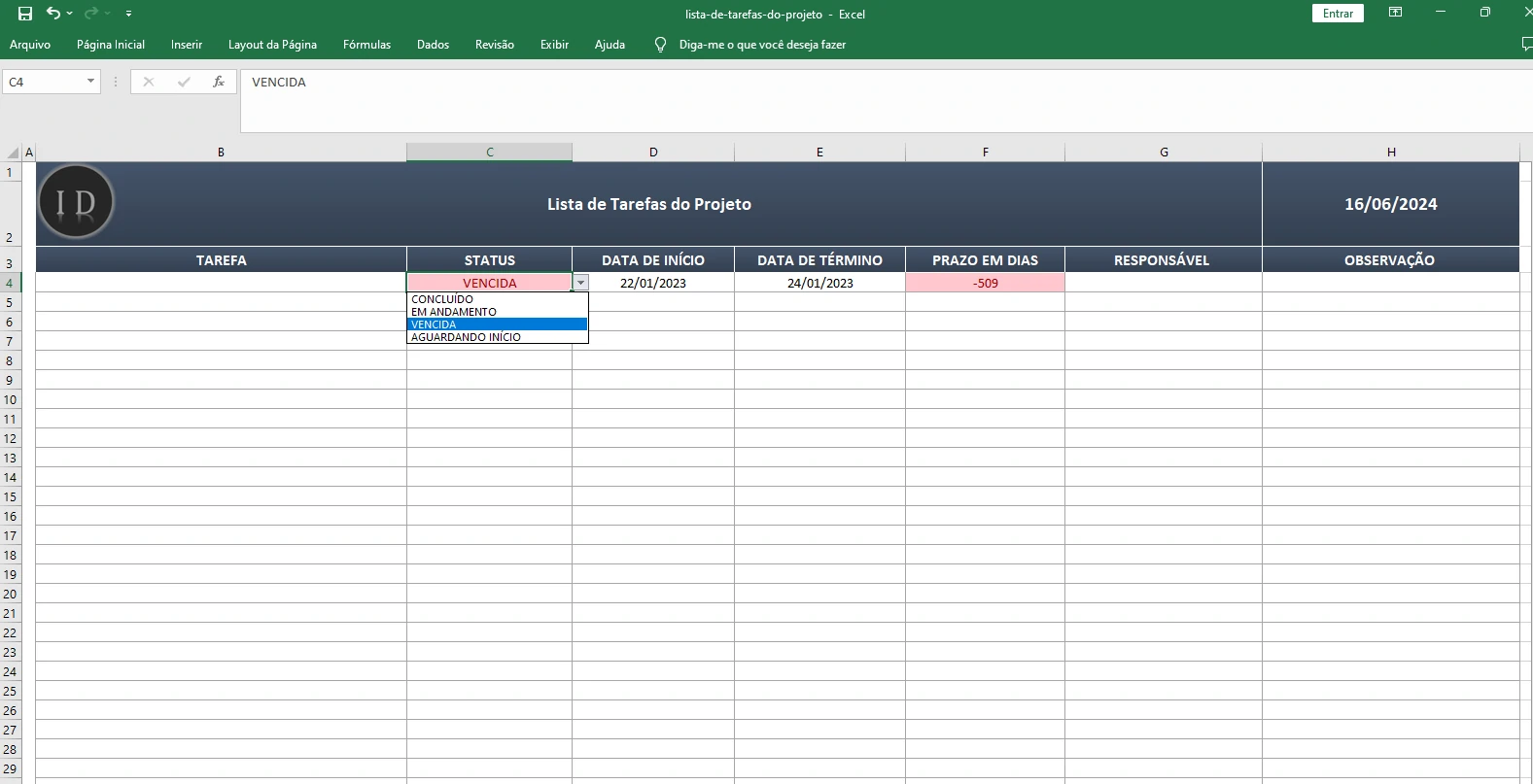 Planilha Lista de Tarefas do Projeto  Gerenciamento