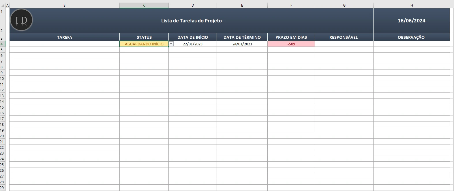 Planilha Lista de Tarefas do Projeto  Gerenciamento