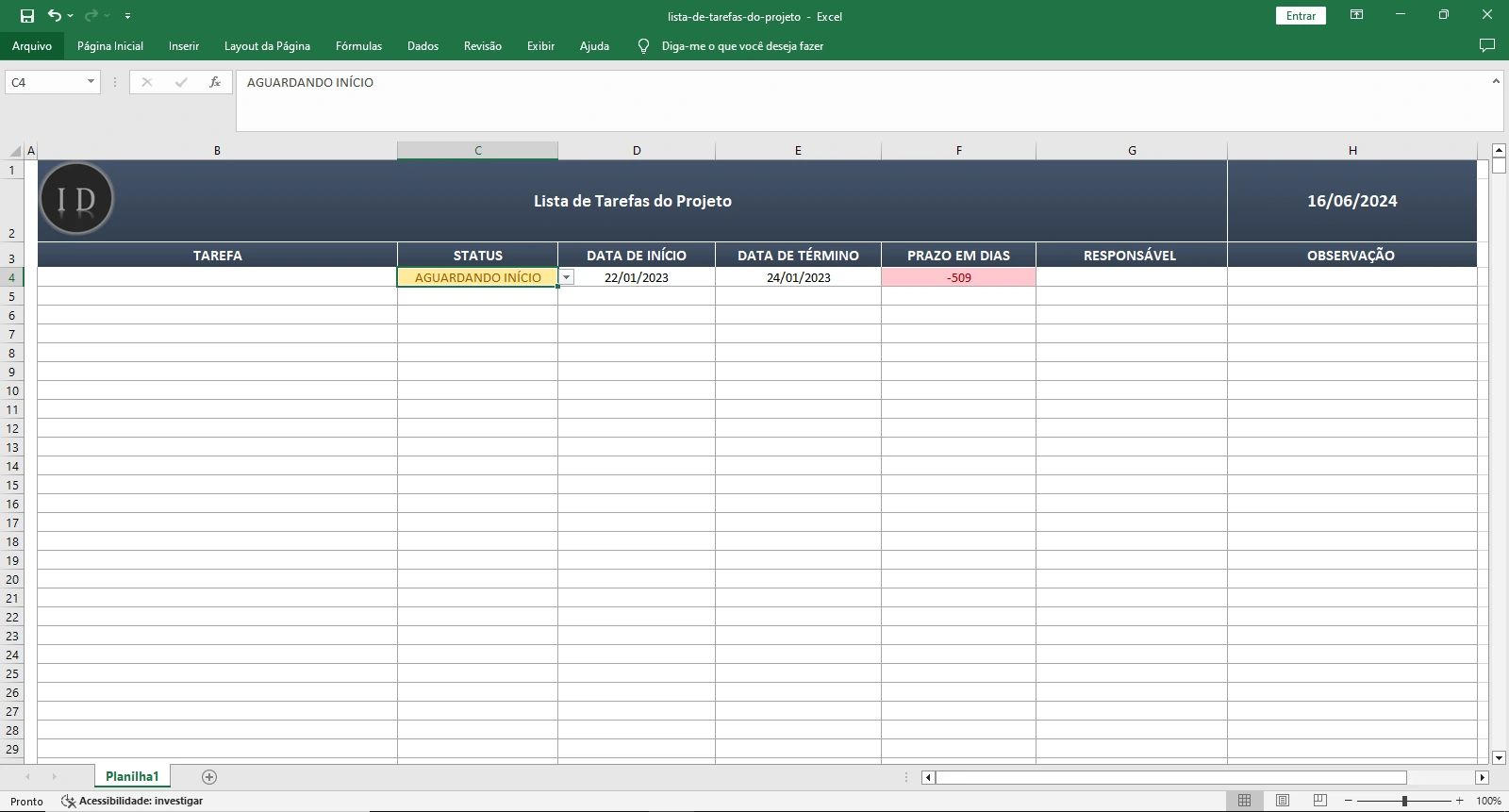 Planilha Lista de Tarefas do Projeto  Gerenciamento