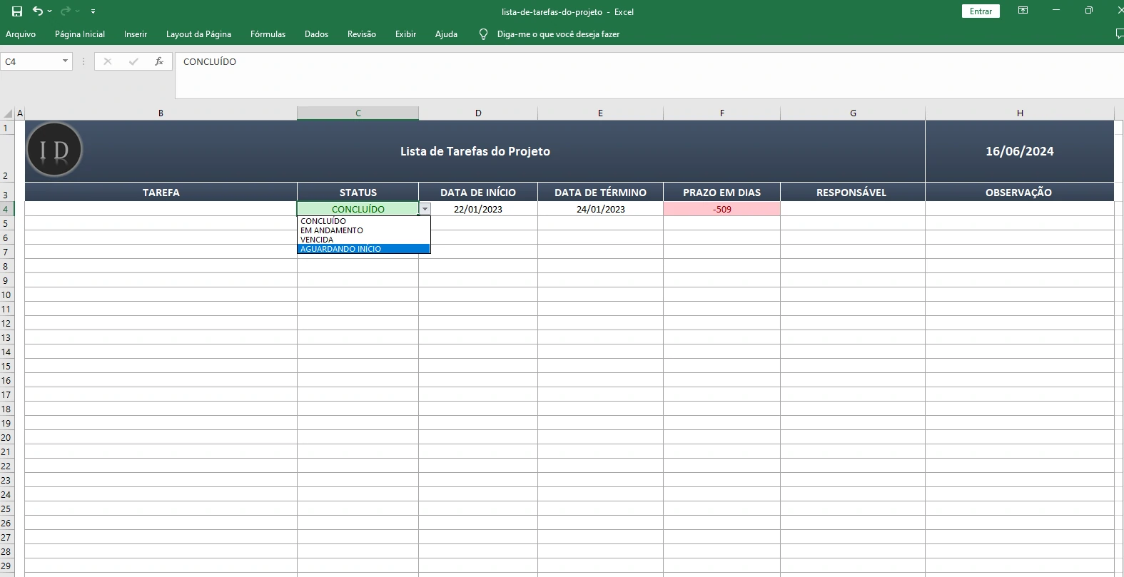 Planilha Lista de Tarefas do Projeto  Gerenciamento