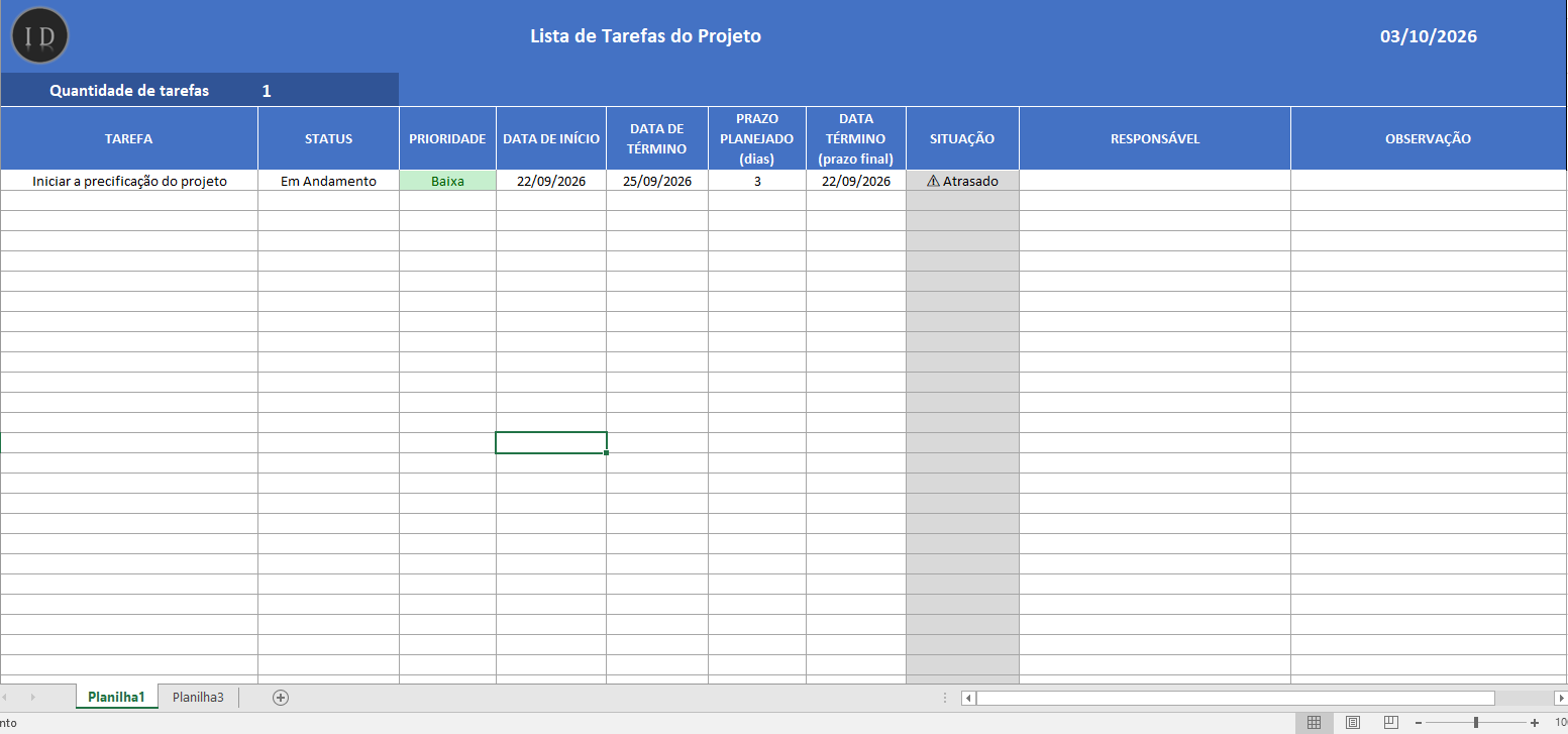 Planilha lista de tarefas do projeto gerenciamento 1