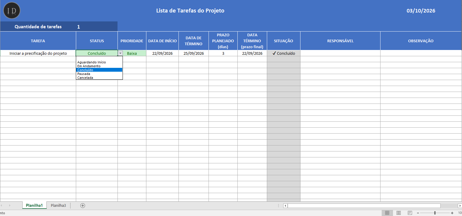 Planilha lista de tarefas do projeto gerenciamento 2