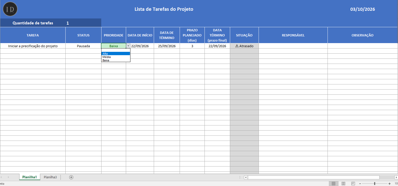 Planilha lista de tarefas do projeto gerenciamento 3