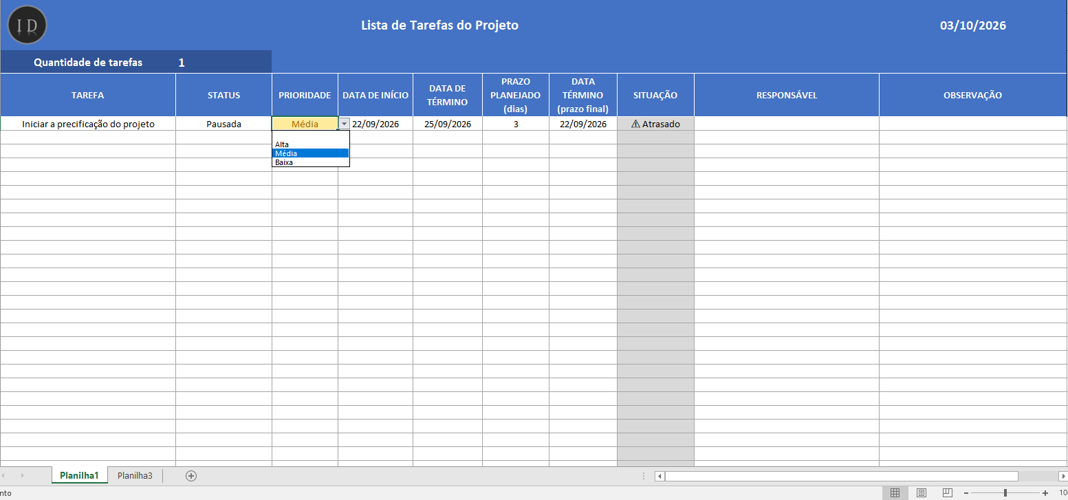 Planilha lista de tarefas do projeto gerenciamento 4