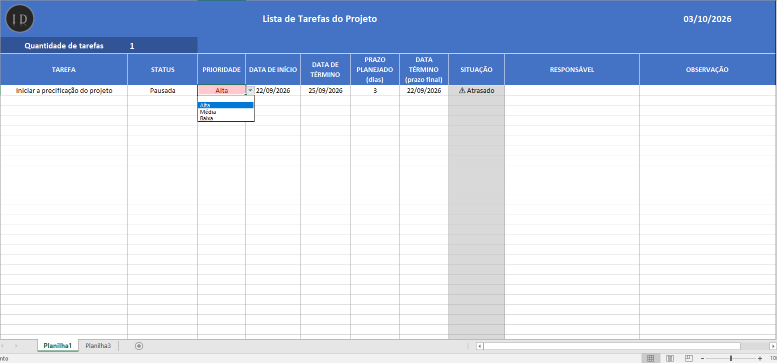 Planilha lista de tarefas do projeto gerenciamento 5