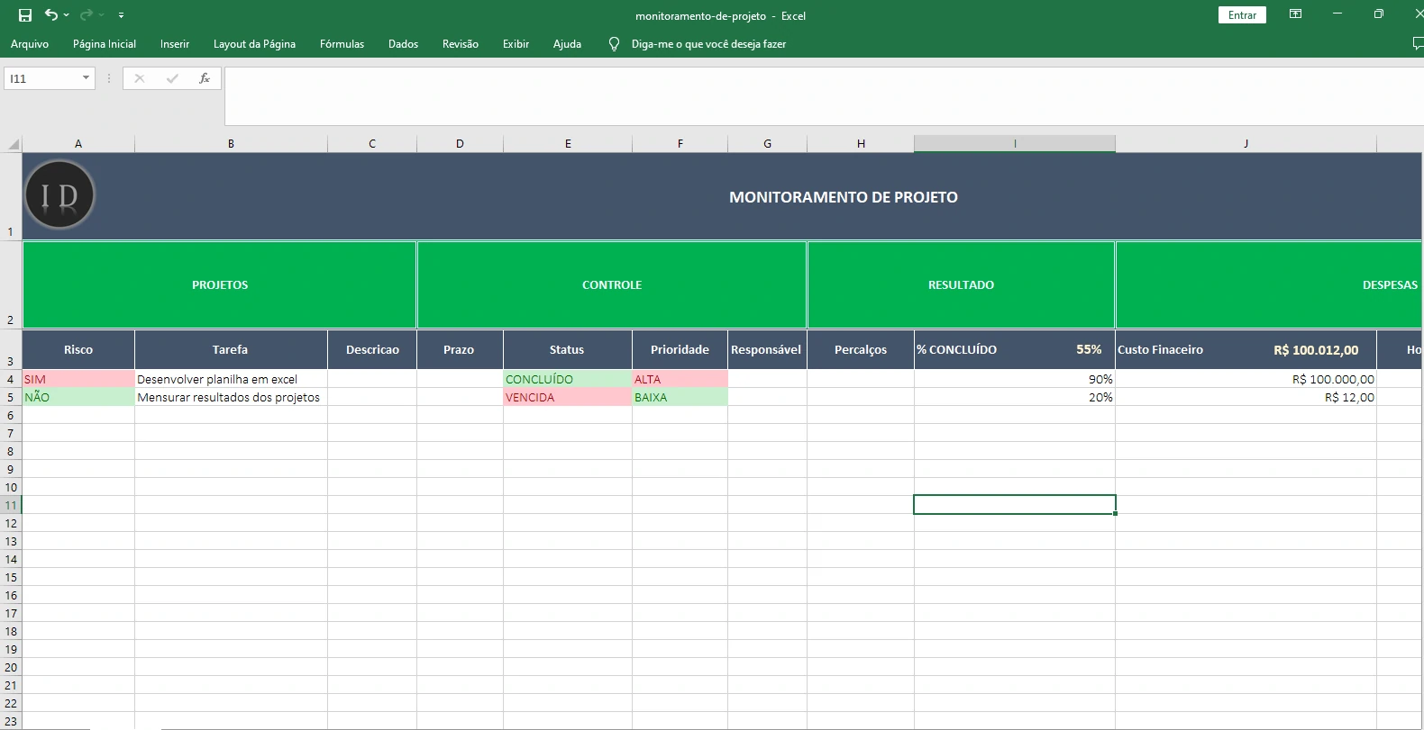 Planilha Monitoramento de Projeto e Tarefas  Excel