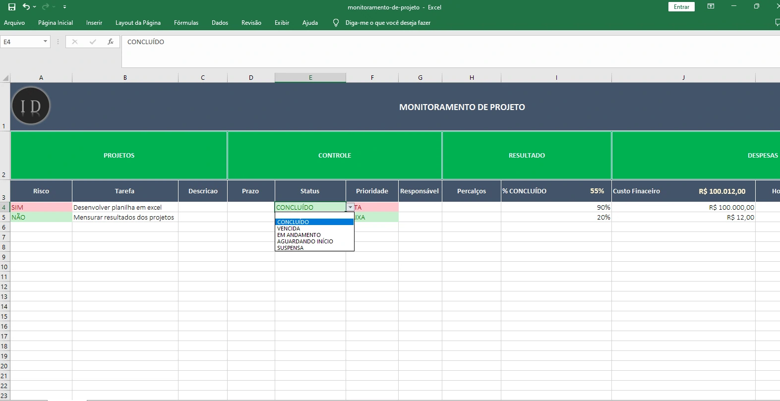 Planilha Monitoramento de Projeto e Tarefas  Excel