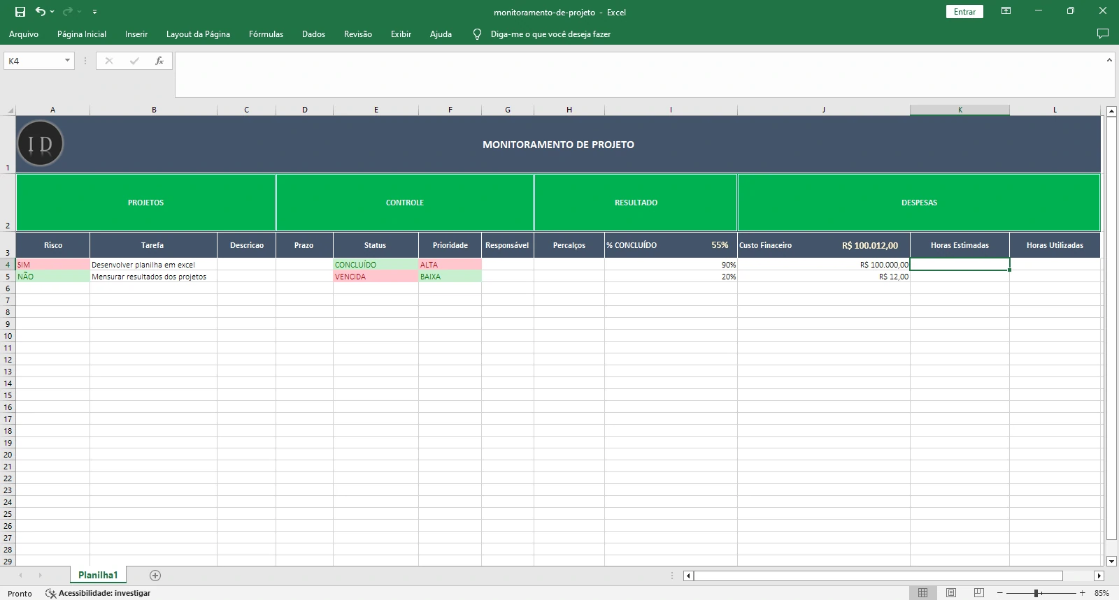 Planilha Monitoramento de Projeto e Tarefas  Excel