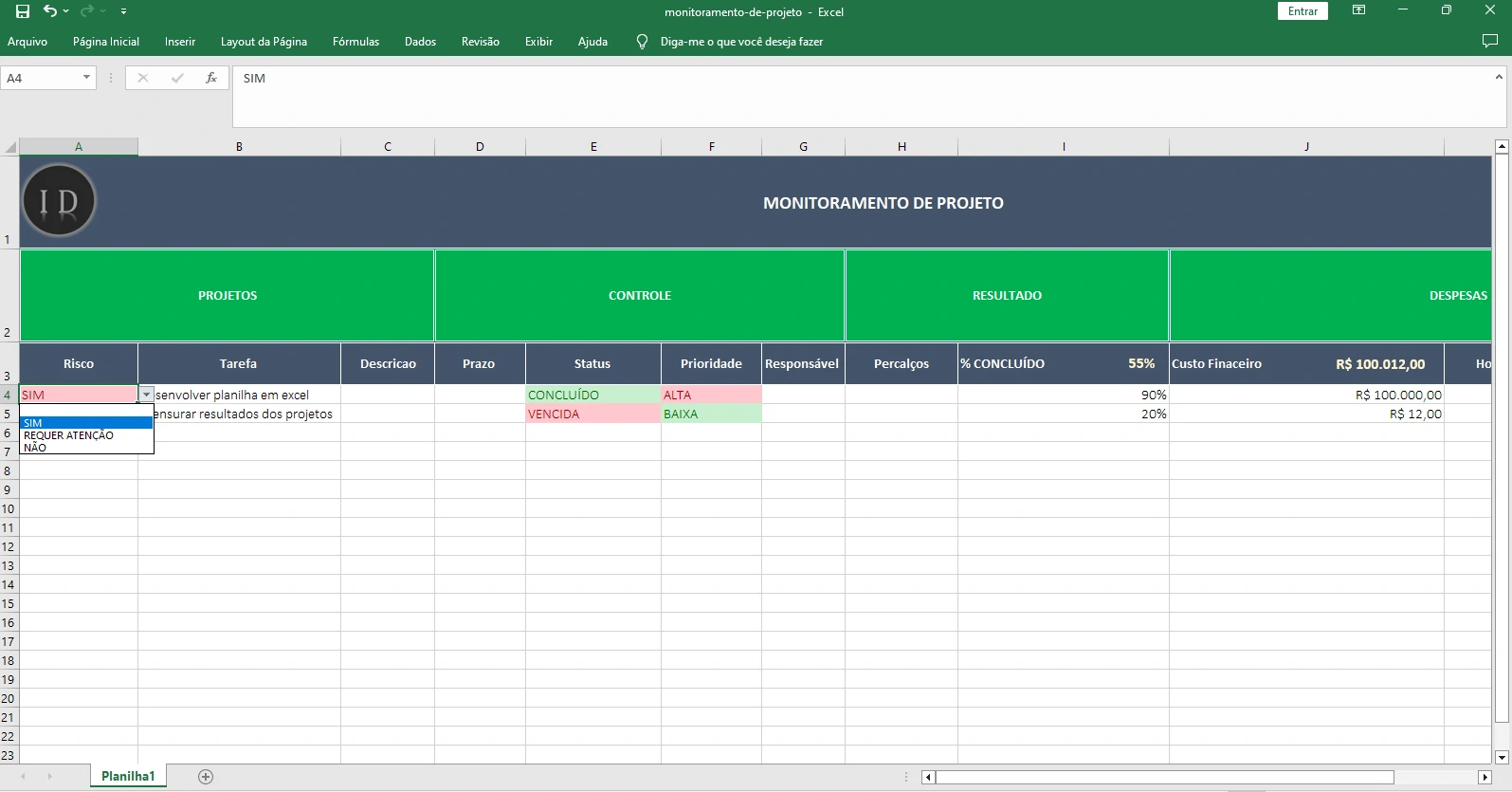 Planilha Monitoramento de Projeto e Tarefas  Excel