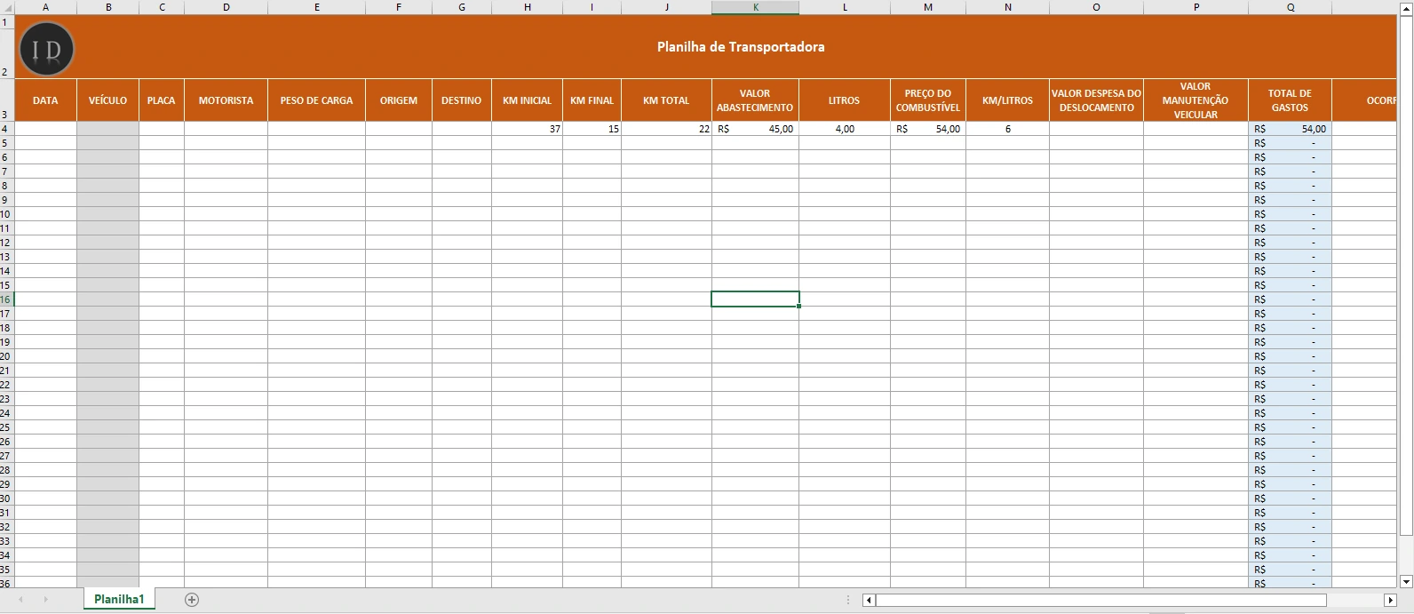 Planilha de Transportadora  Gestão de Frota e Gastos