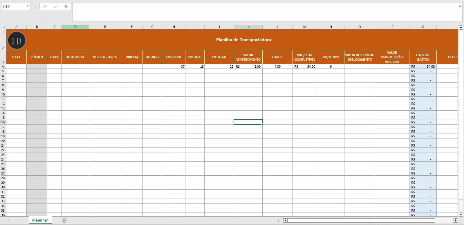 Planilha de Transportadora  Gestão de Frota e Gastos