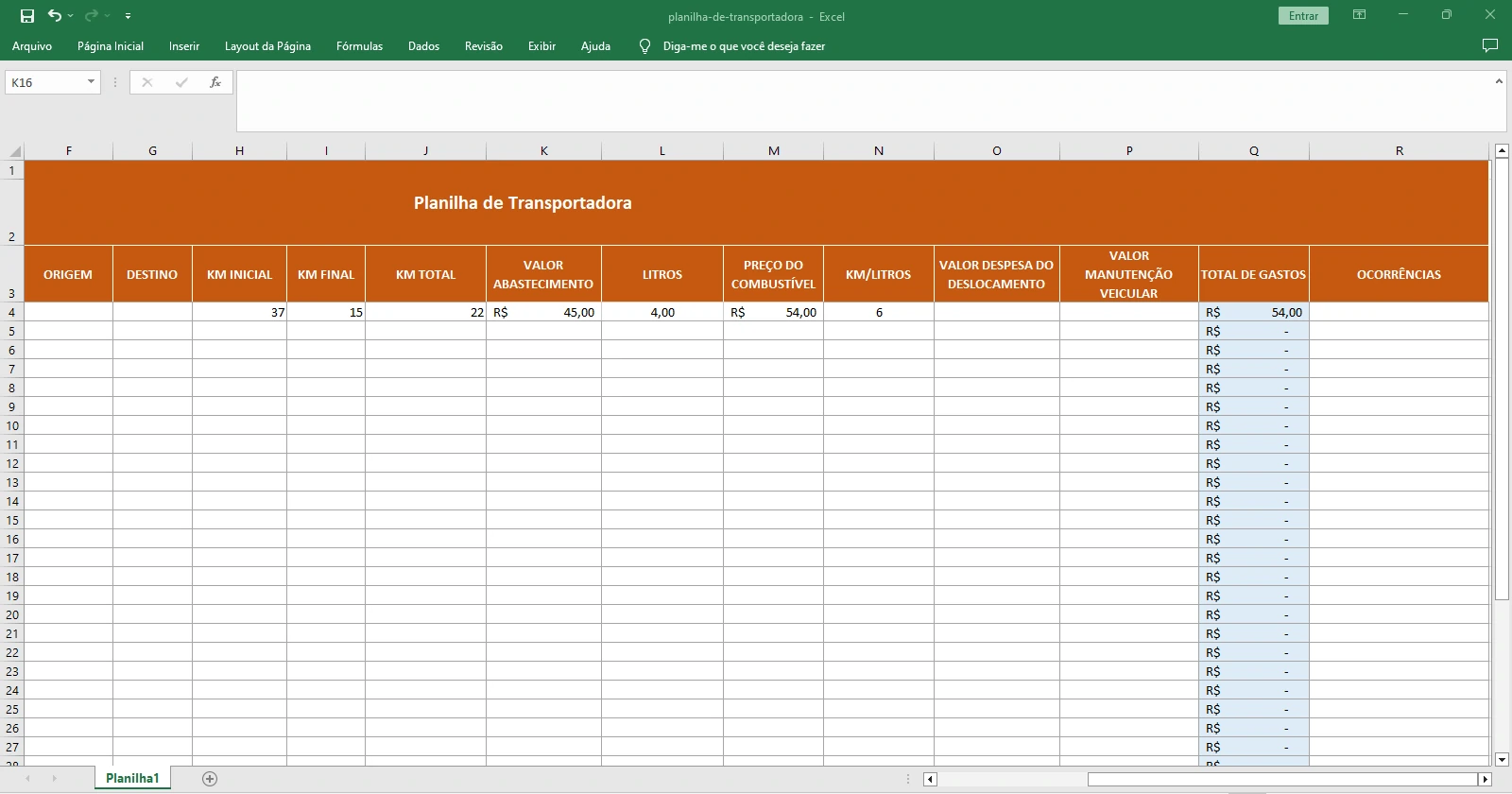 Planilha de Transportadora  Gestão de Frota e Gastos