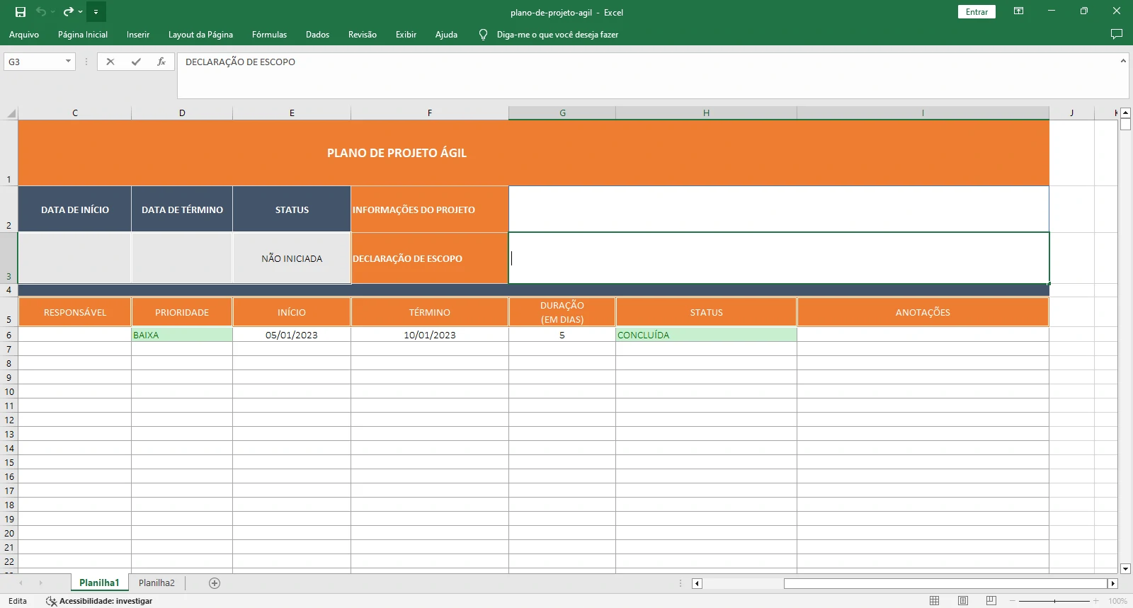 Planilha Plano do Projeto Ágil  Controle Visual