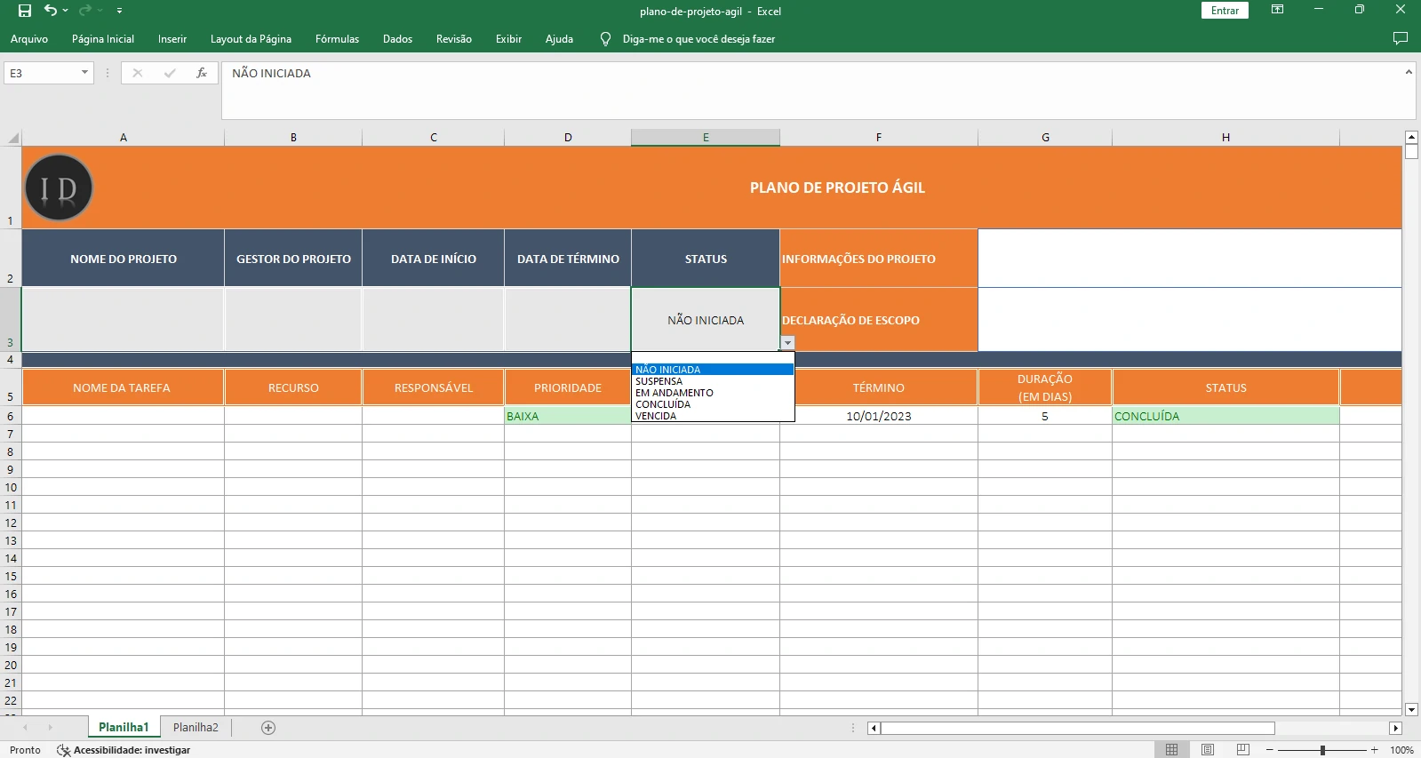 Planilha Plano do Projeto Ágil  Controle Visual