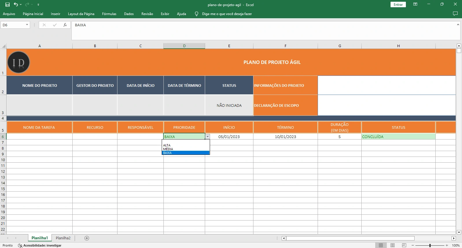 Planilha Plano do Projeto Ágil  Controle Visual