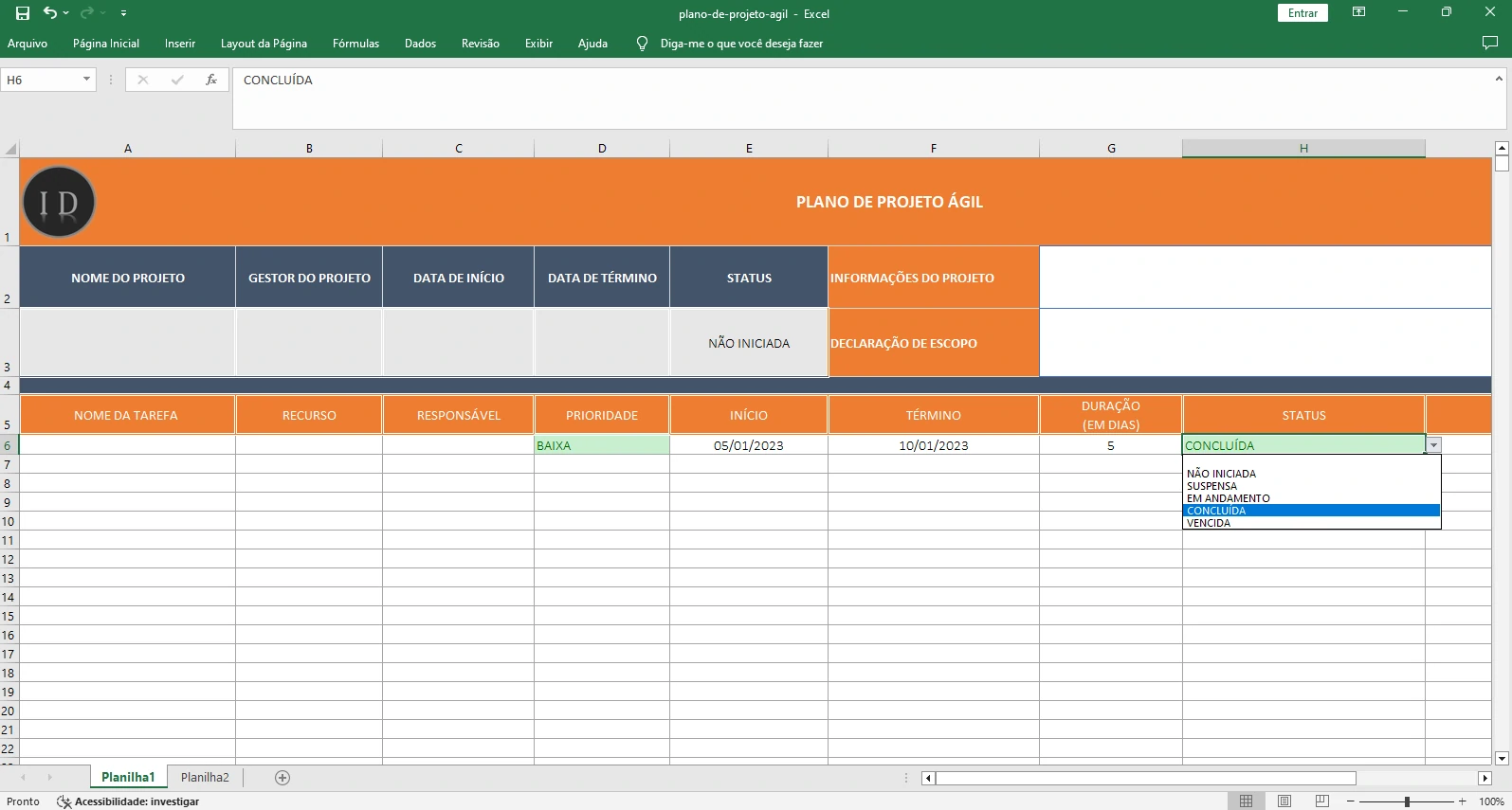 Planilha Plano do Projeto Ágil  Controle Visual