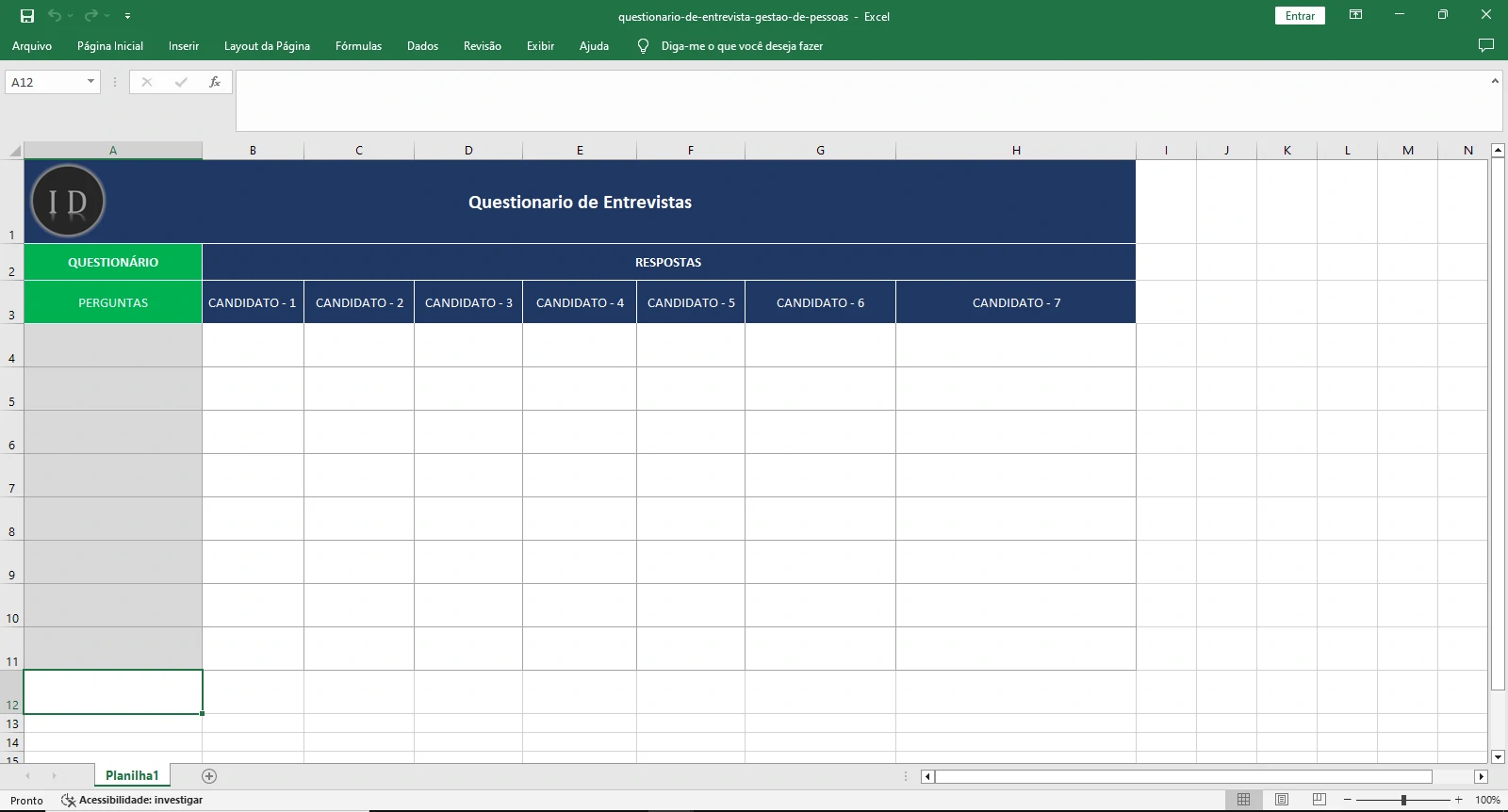 Planilha Questionário de Entrevista e Seleção  RH