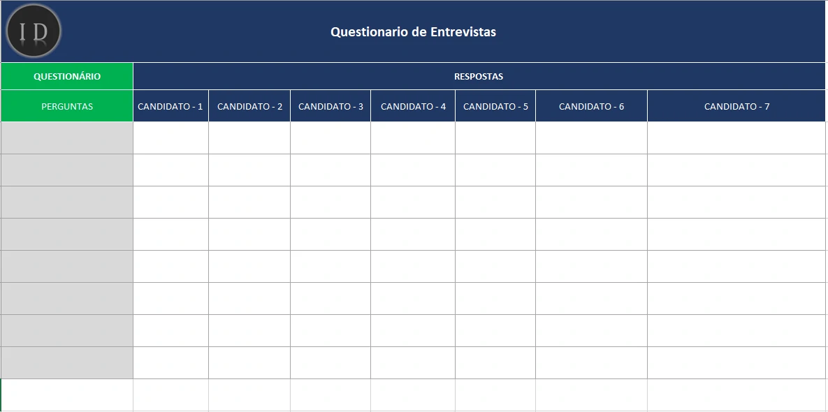 Planilha Questionário de Entrevista e Seleção  RH