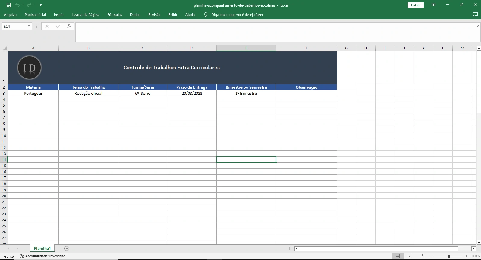 Planilha Acompanhamento Trabalhos Escolares