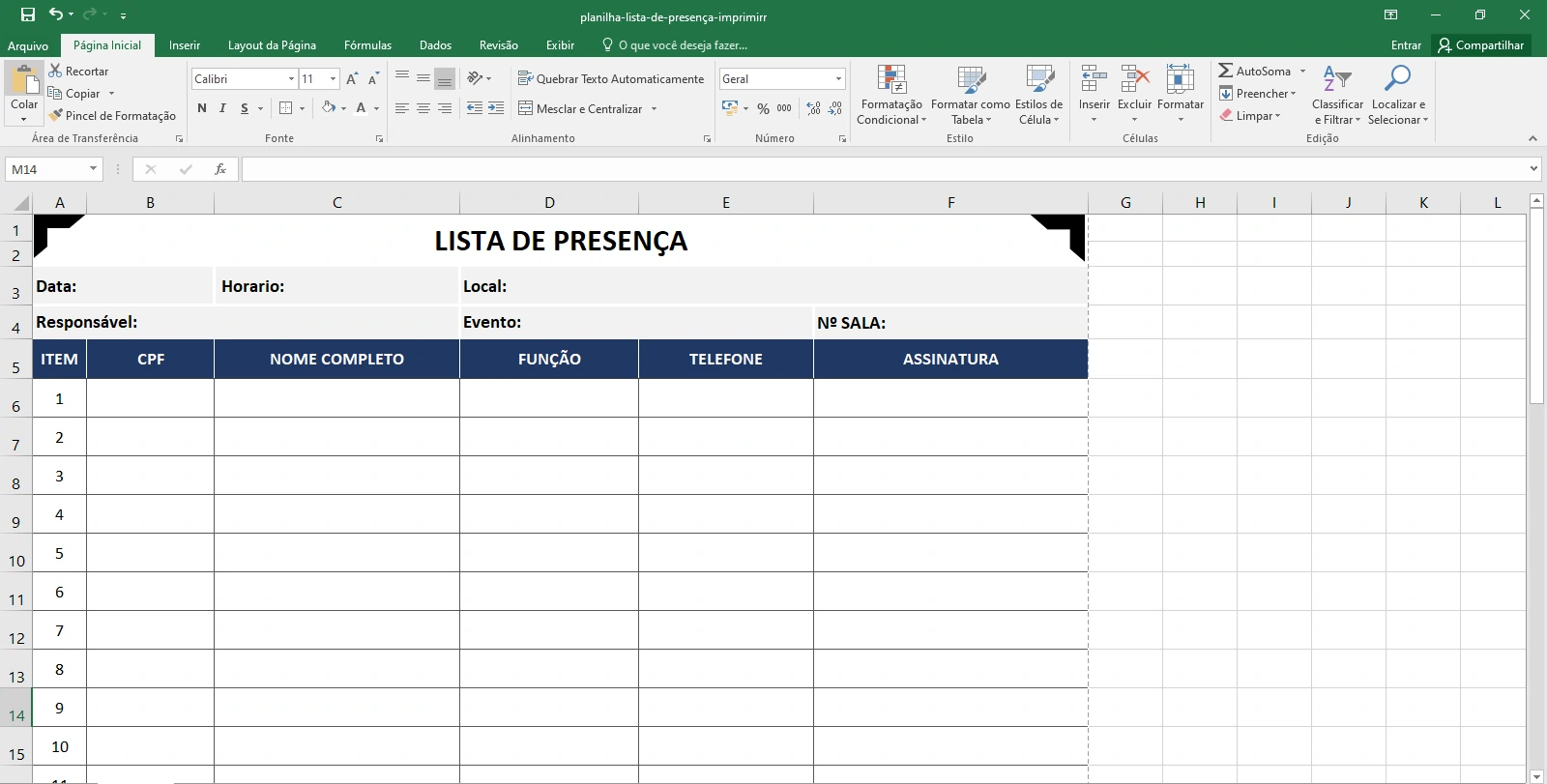 Planilha Lista de Presença  Eventos e Reuniões