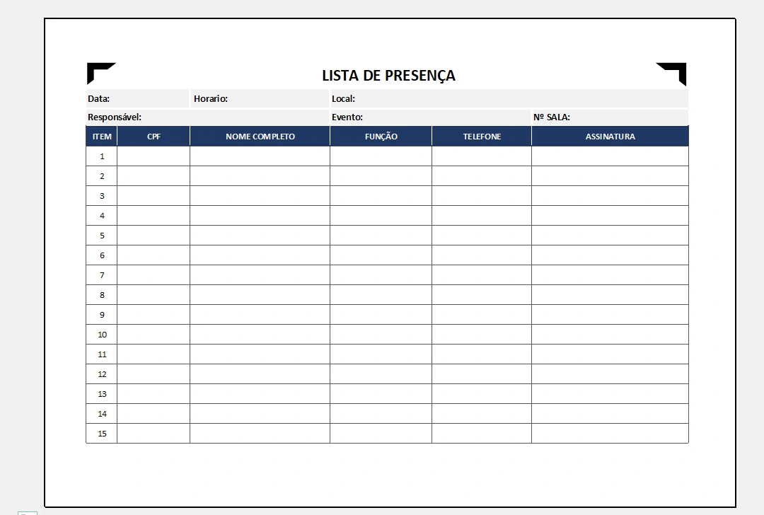 Planilha Lista de Presença  Eventos e Reuniões