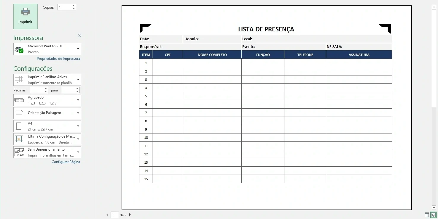 Planilha Lista de Presença  Eventos e Reuniões