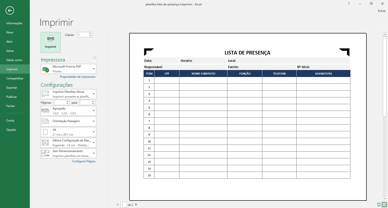Planilha Lista de Presença  Eventos e Reuniões