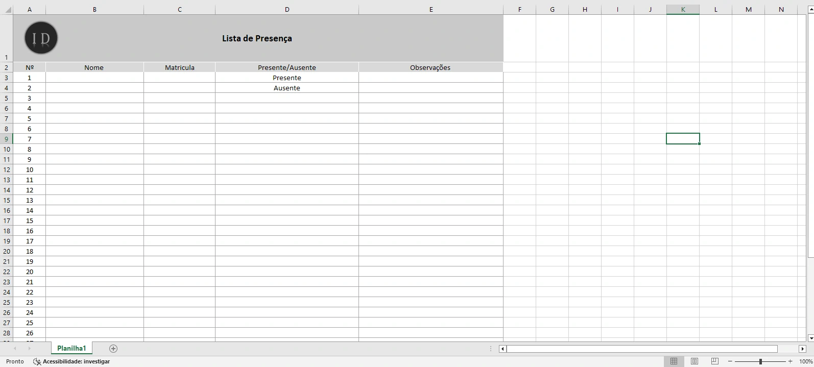 Planilha Lista de Presença  Eventos e Reuniões