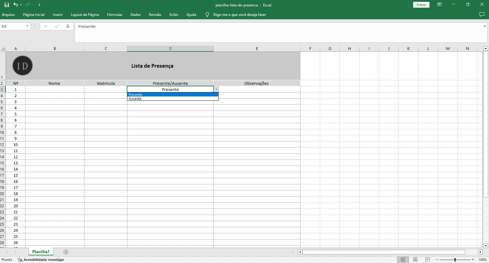 Planilha Lista de Presença  Eventos e Reuniões