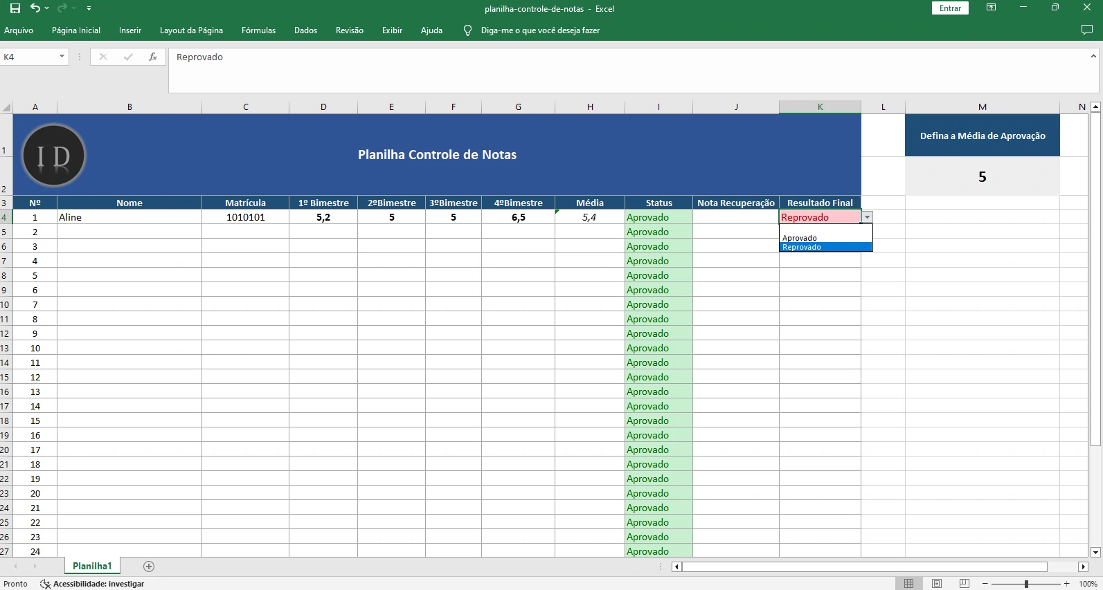 Planilha Controle de Notas Acadêmicas  Educadores