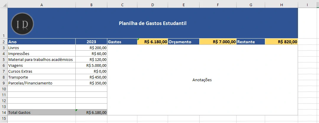 Planilha de Gastos Estudantis e Gestão Financeira